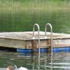 A wooden swimming platform in a lake.