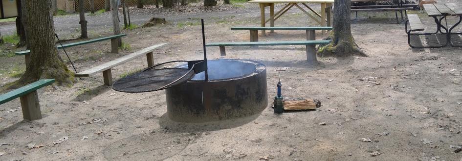 A circular fire pit surrounded by benches and trees.