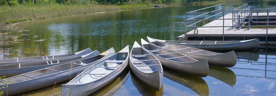 Eight gray canoes are lined up next to a dock on a lake.